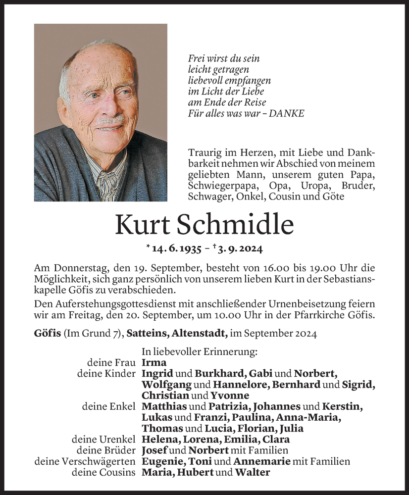  Todesanzeige für Kurt Schmidle vom 16.09.2024 aus Vorarlberger Nachrichten