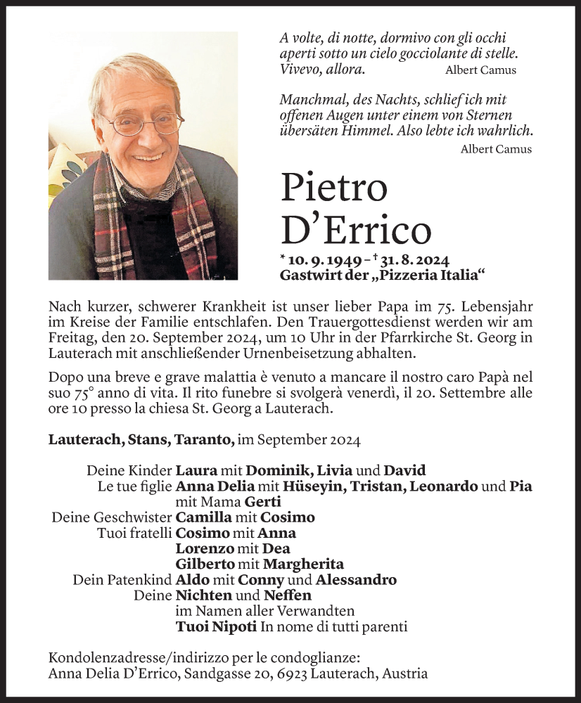  Todesanzeige für Pietro D'Errico vom 14.09.2024 aus Vorarlberger Nachrichten