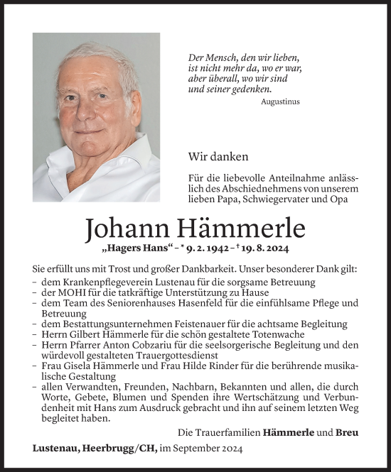 Todesanzeige von Johann Hämmerle von Vorarlberger Nachrichten