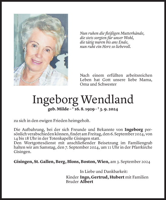 Todesanzeige von Ingeborg Wendland von Vorarlberger Nachrichten