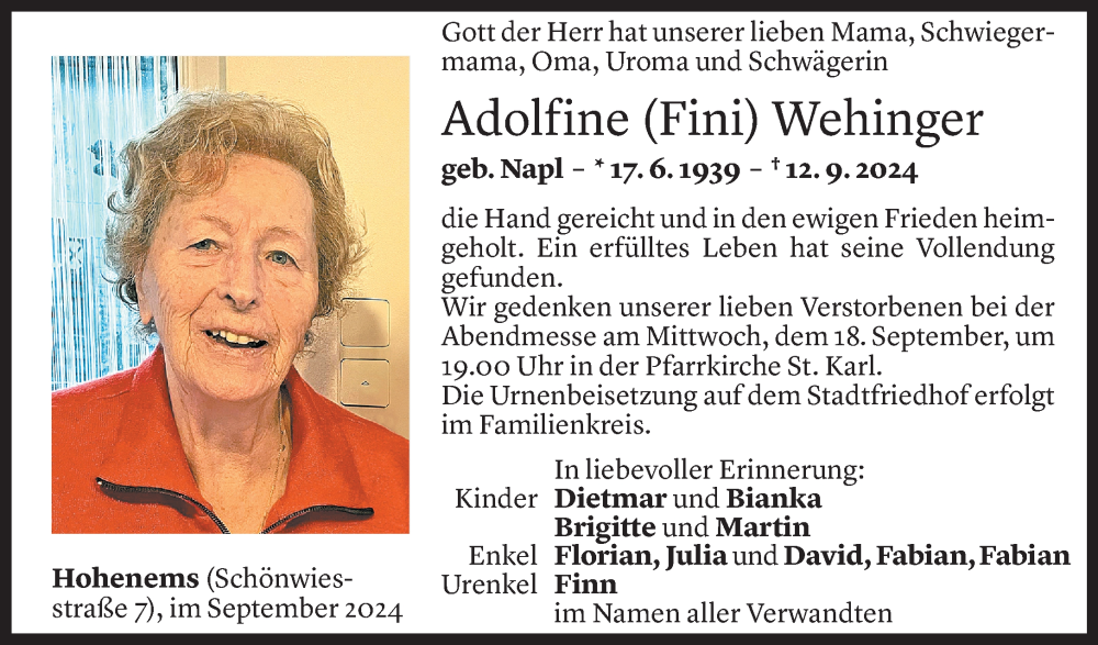  Todesanzeige für Adolfine Wehinger vom 16.09.2024 aus Vorarlberger Nachrichten