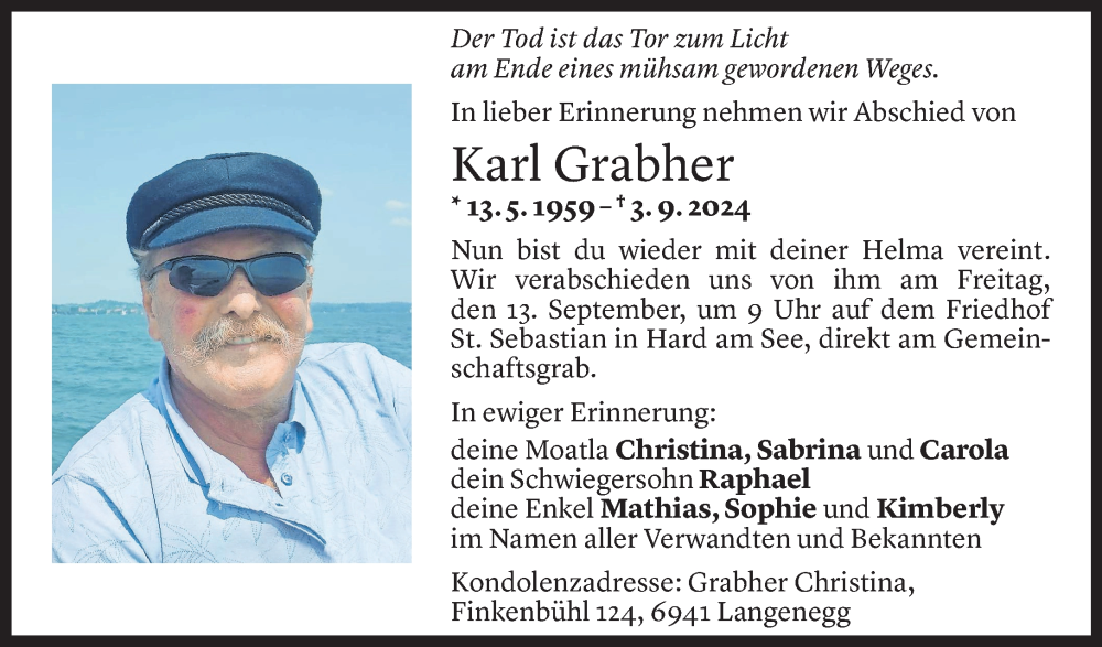  Todesanzeige für Karl Grabher vom 10.09.2024 aus Vorarlberger Nachrichten