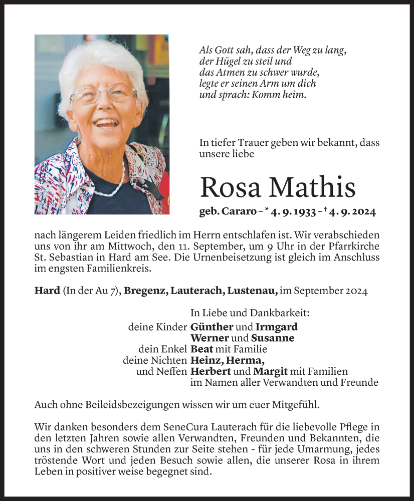  Todesanzeige für Rosa Mathis vom 06.09.2024 aus Vorarlberger Nachrichten