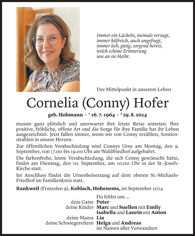  Todesanzeige für Cornelia Hofer vom 06.09.2024 aus Vorarlberger Nachrichten