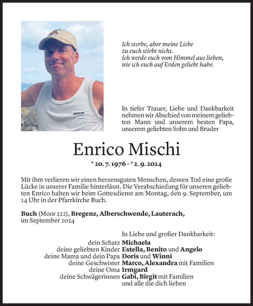  Todesanzeige für Enrico Mischi vom 06.09.2024 aus Vorarlberger Nachrichten