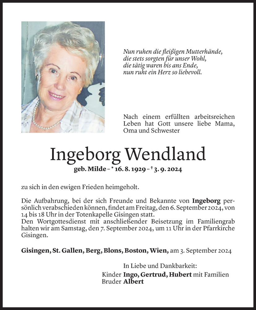  Todesanzeige für Ingeborg Wendland vom 05.09.2024 aus Vorarlberger Nachrichten