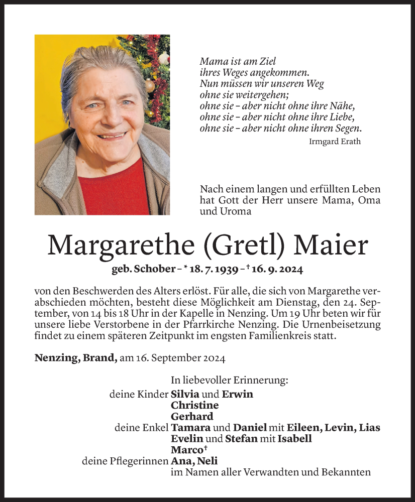  Todesanzeige für Margarethe Maier vom 18.09.2024 aus Vorarlberger Nachrichten