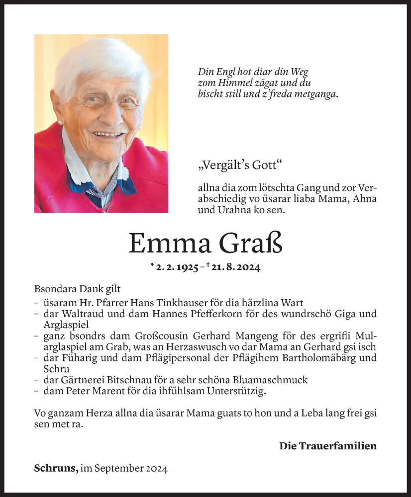  Todesanzeige für Emma Graß vom 12.09.2024 aus Vorarlberger Nachrichten