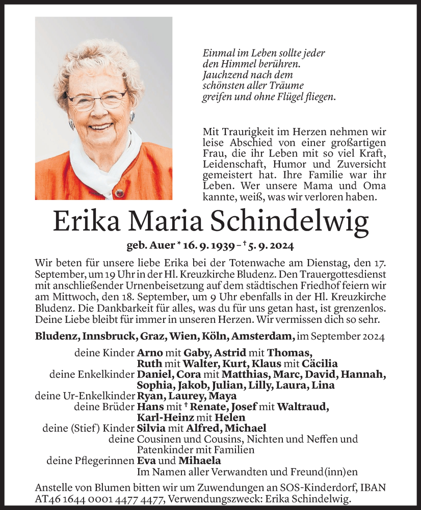  Todesanzeige für Erika Maria Schindelwig vom 14.09.2024 aus Vorarlberger Nachrichten