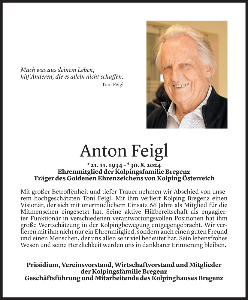  Todesanzeige für Anton Feigl vom 04.09.2024 aus Vorarlberger Nachrichten