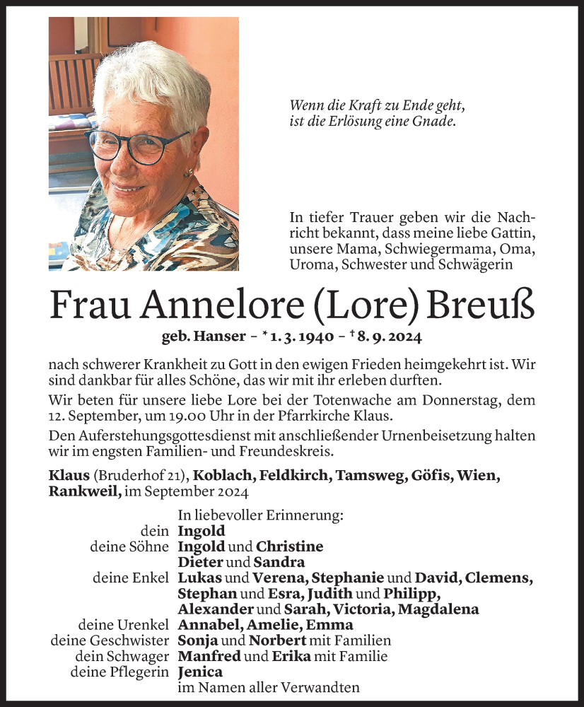  Todesanzeige für Annelore Breuß vom 11.09.2024 aus Vorarlberger Nachrichten