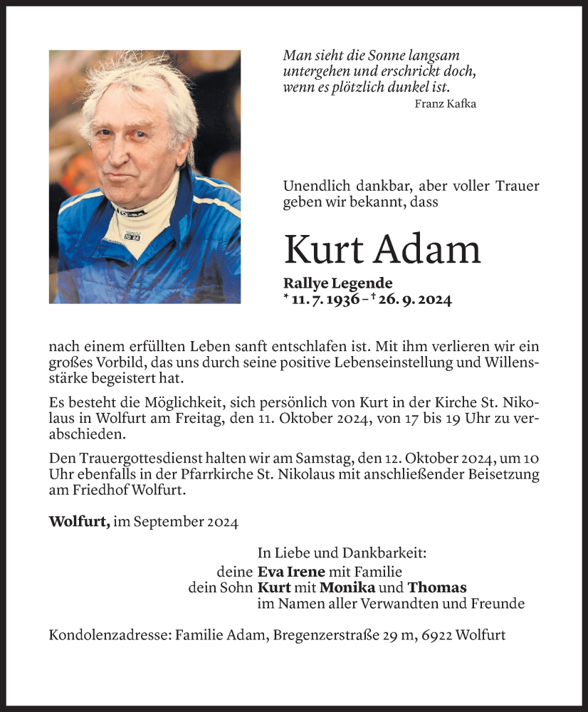  Todesanzeige für Kurt Adam vom 27.09.2024 aus Vorarlberger Nachrichten