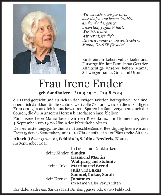 Todesanzeige von Irene Ender von Vorarlberger Nachrichten