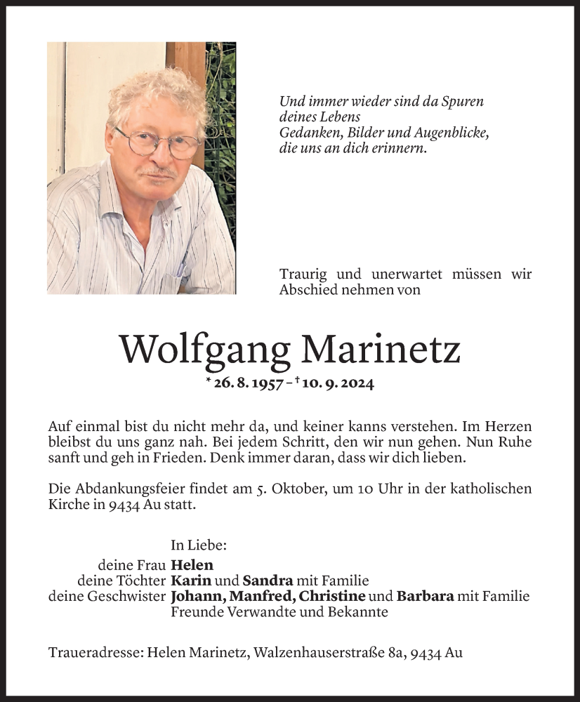  Todesanzeige für Wolfgang Marinetz vom 27.09.2024 aus Vorarlberger Nachrichten