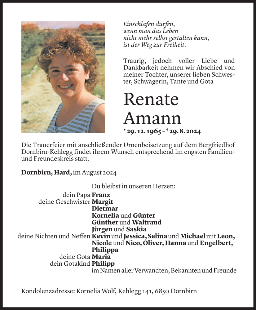  Todesanzeige für Renate Amann vom 07.09.2024 aus Vorarlberger Nachrichten