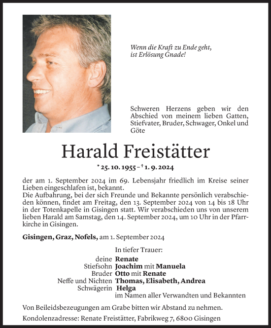 Todesanzeige von Harald Freistätter von Vorarlberger Nachrichten