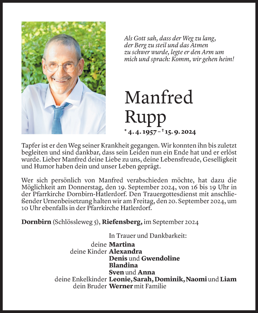  Todesanzeige für Manfred Rupp vom 17.09.2024 aus Vorarlberger Nachrichten