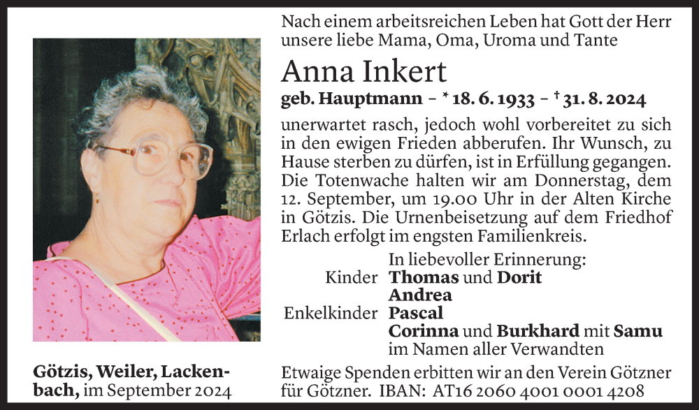  Todesanzeige für Anna Inkert vom 09.09.2024 aus Vorarlberger Nachrichten