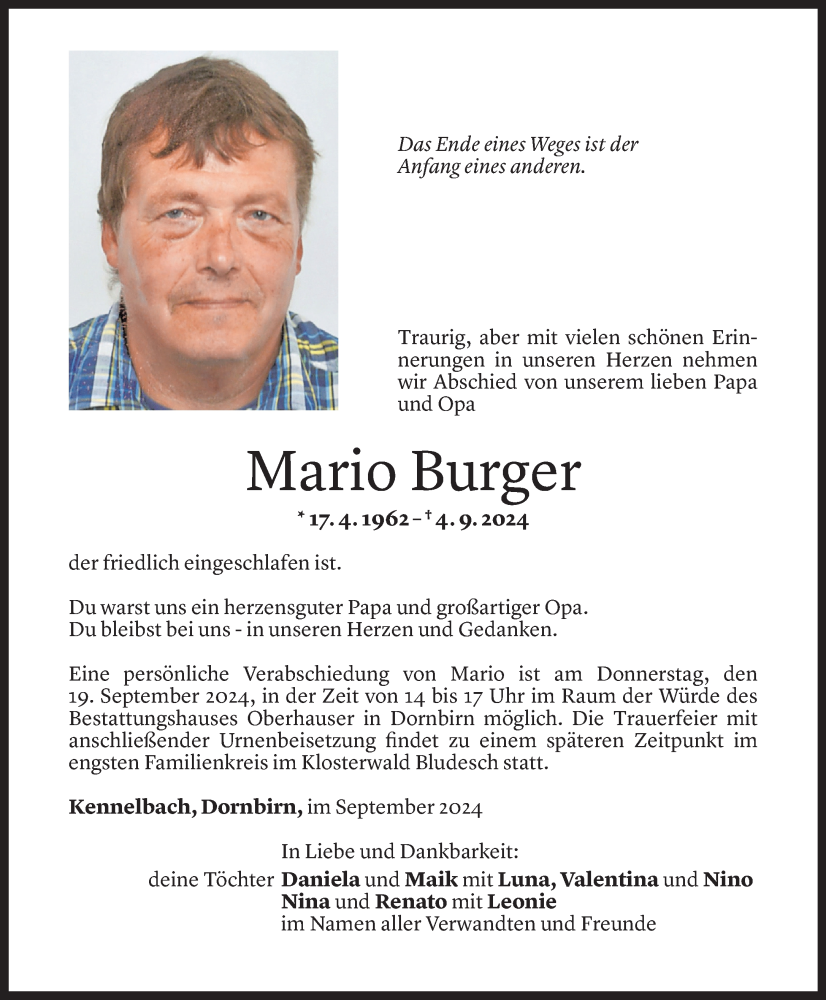  Todesanzeige für Mario Burger vom 14.09.2024 aus Vorarlberger Nachrichten