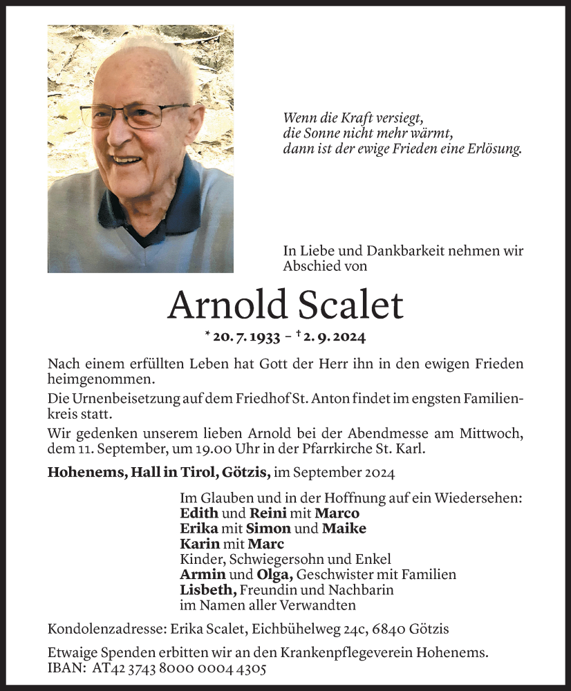  Todesanzeige für Arnold Scalet vom 06.09.2024 aus Vorarlberger Nachrichten