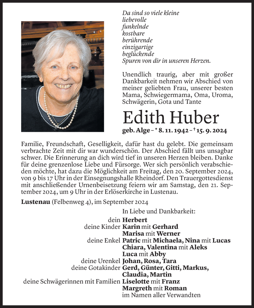  Todesanzeige für Edith Huber vom 18.09.2024 aus Vorarlberger Nachrichten