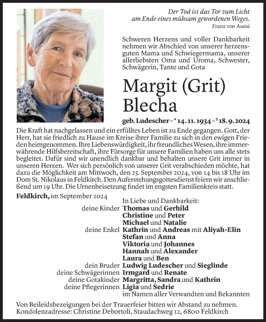 Todesanzeige von Margarete Blecha von Vorarlberger Nachrichten