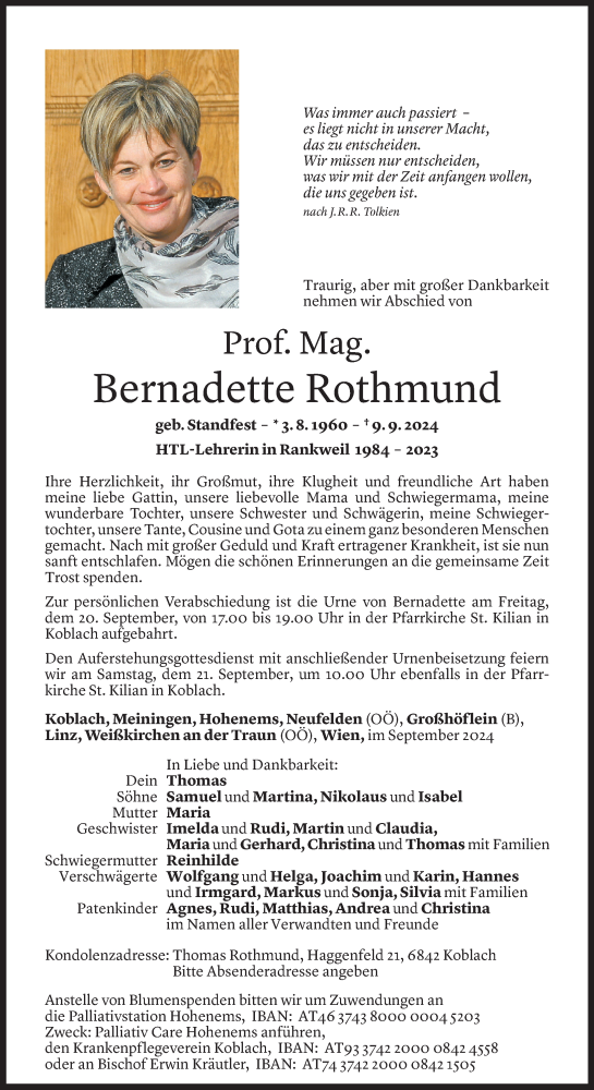  Todesanzeige für Bernadette Rothmund vom 16.09.2024 aus Vorarlberger Nachrichten