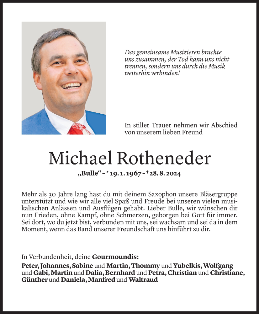  Todesanzeige für Michael Rotheneder vom 13.09.2024 aus Vorarlberger Nachrichten