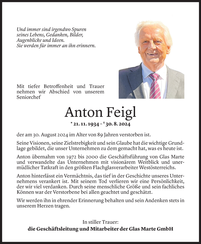  Todesanzeige für Anton Feigl vom 04.09.2024 aus Vorarlberger Nachrichten