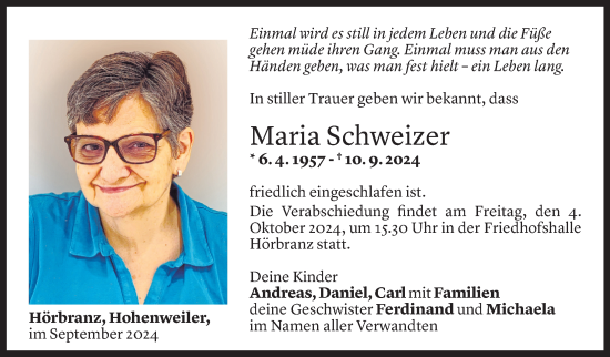 Todesanzeige von Maria Schweizer von Vorarlberger Nachrichten