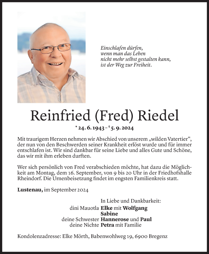  Todesanzeige für Reinfried Riedel vom 12.09.2024 aus Vorarlberger Nachrichten