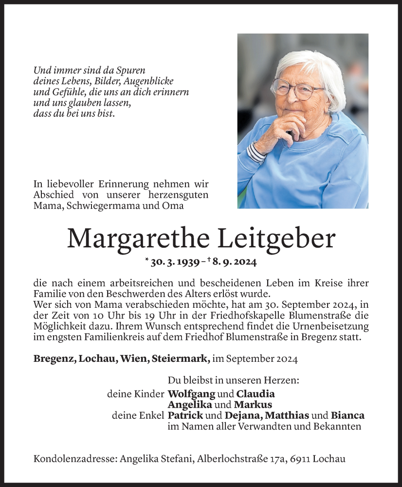  Todesanzeige für Margarethe Leitgeber vom 13.09.2024 aus Vorarlberger Nachrichten