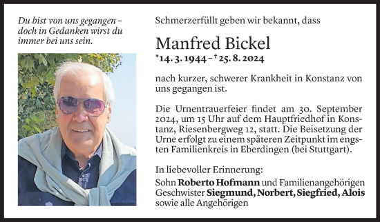 Todesanzeige von Manfred Bickel von Vorarlberger Nachrichten