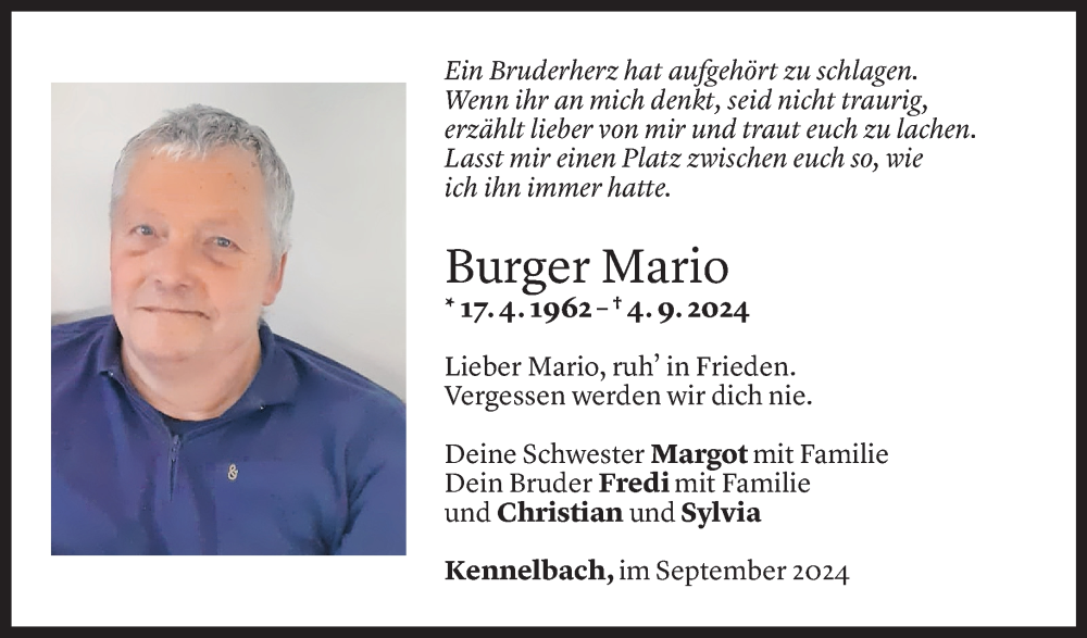  Todesanzeige für Mario Burger vom 14.09.2024 aus Vorarlberger Nachrichten