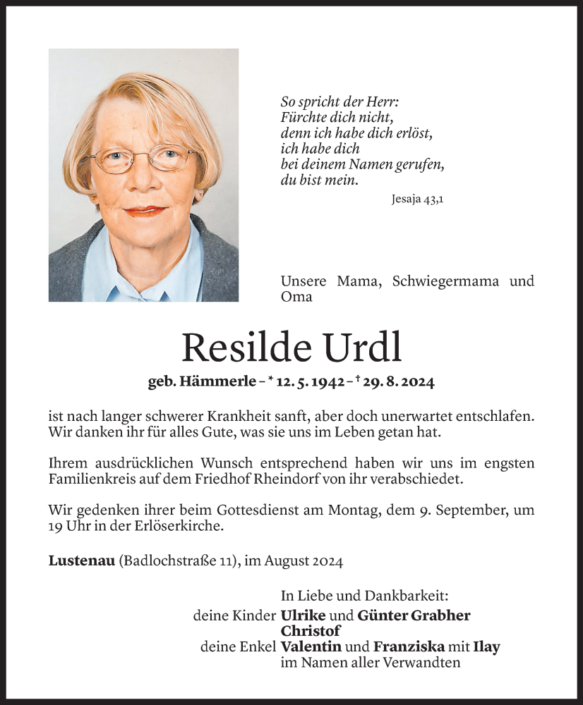  Todesanzeige für Resilde Urdl vom 06.09.2024 aus Vorarlberger Nachrichten