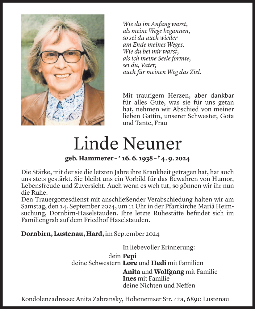  Todesanzeige für Linde Neuner vom 11.09.2024 aus Vorarlberger Nachrichten