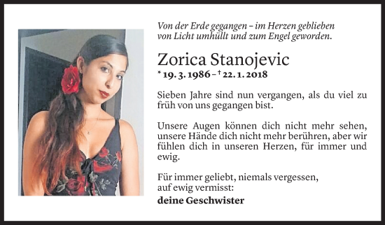 Todesanzeige von Zorica Stanojevic von Vorarlberger Nachrichten