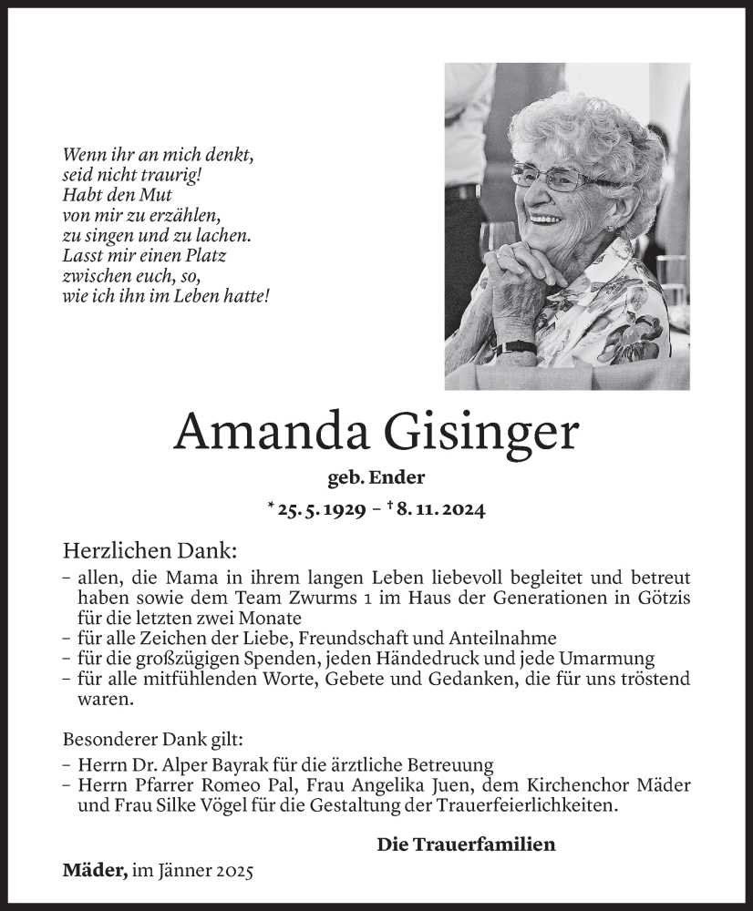  Todesanzeige für Amanda Gisinger vom 23.01.2025 aus Vorarlberger Nachrichten