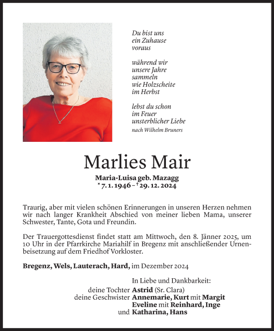 Todesanzeige von Marlies Mair von Vorarlberger Nachrichten