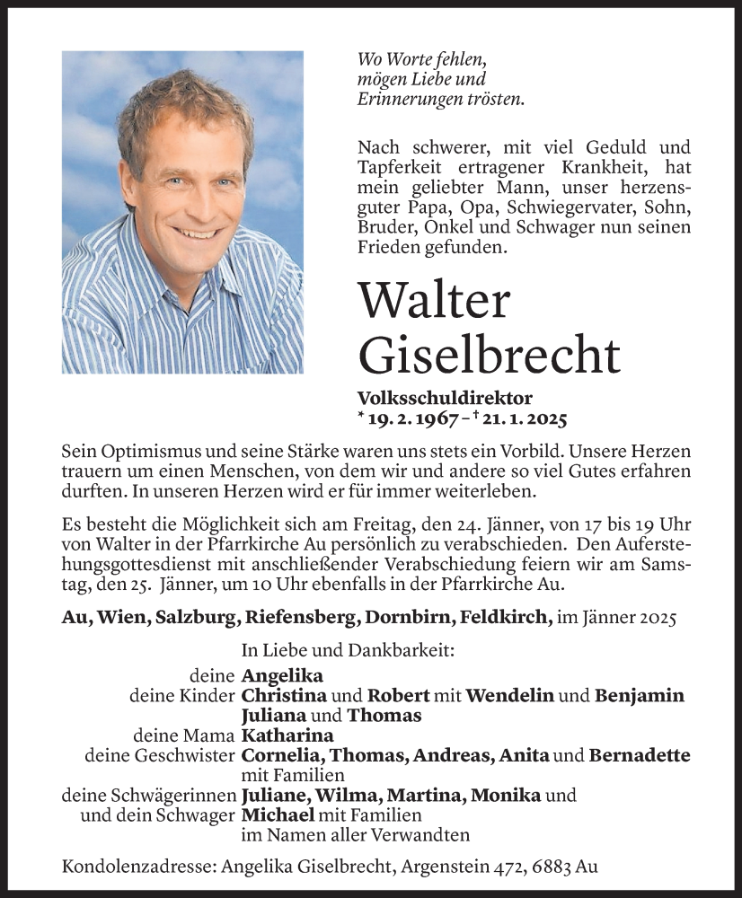  Todesanzeige für Walter Giselbrecht vom 22.01.2025 aus Vorarlberger Nachrichten