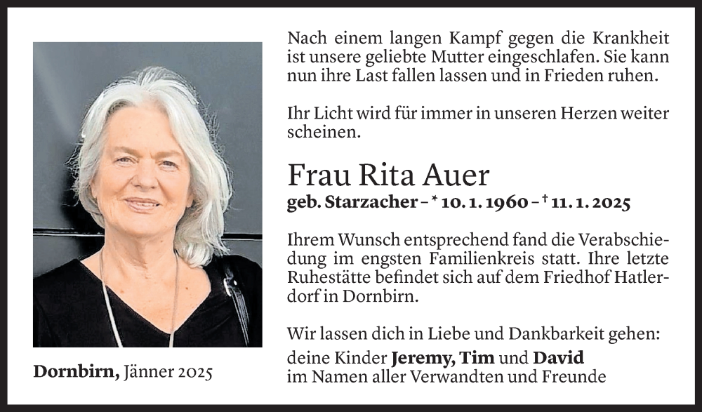  Todesanzeige für Rita Auer vom 14.01.2025 aus Vorarlberger Nachrichten