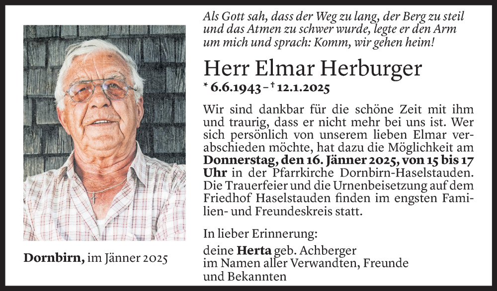  Todesanzeige für Elmar Herburger vom 14.01.2025 aus Vorarlberger Nachrichten