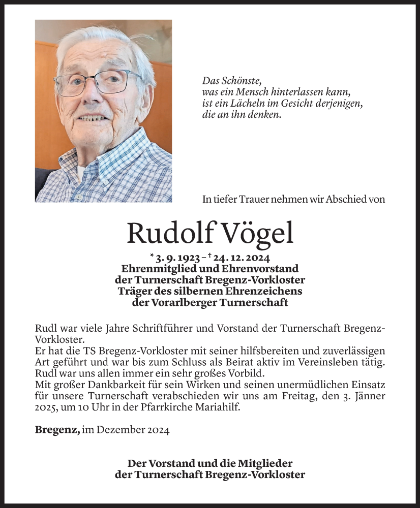  Todesanzeige für Rudolf Vögel vom 01.01.2025 aus Vorarlberger Nachrichten