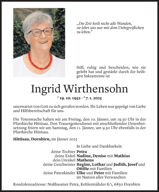 Todesanzeige von Ingrid Wirthensohn von Vorarlberger Nachrichten