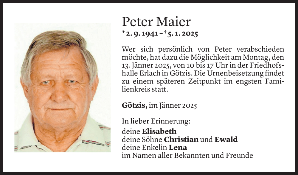  Todesanzeige für Peter Maier vom 09.01.2025 aus Vorarlberger Nachrichten