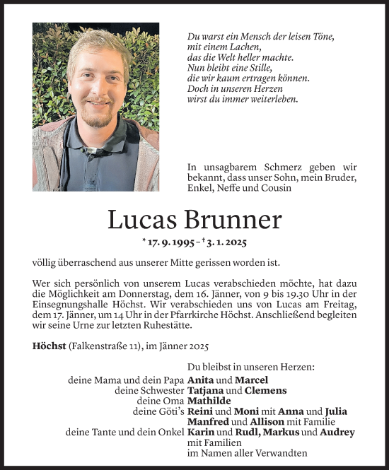 Todesanzeige von Lucas Brunner von Vorarlberger Nachrichten