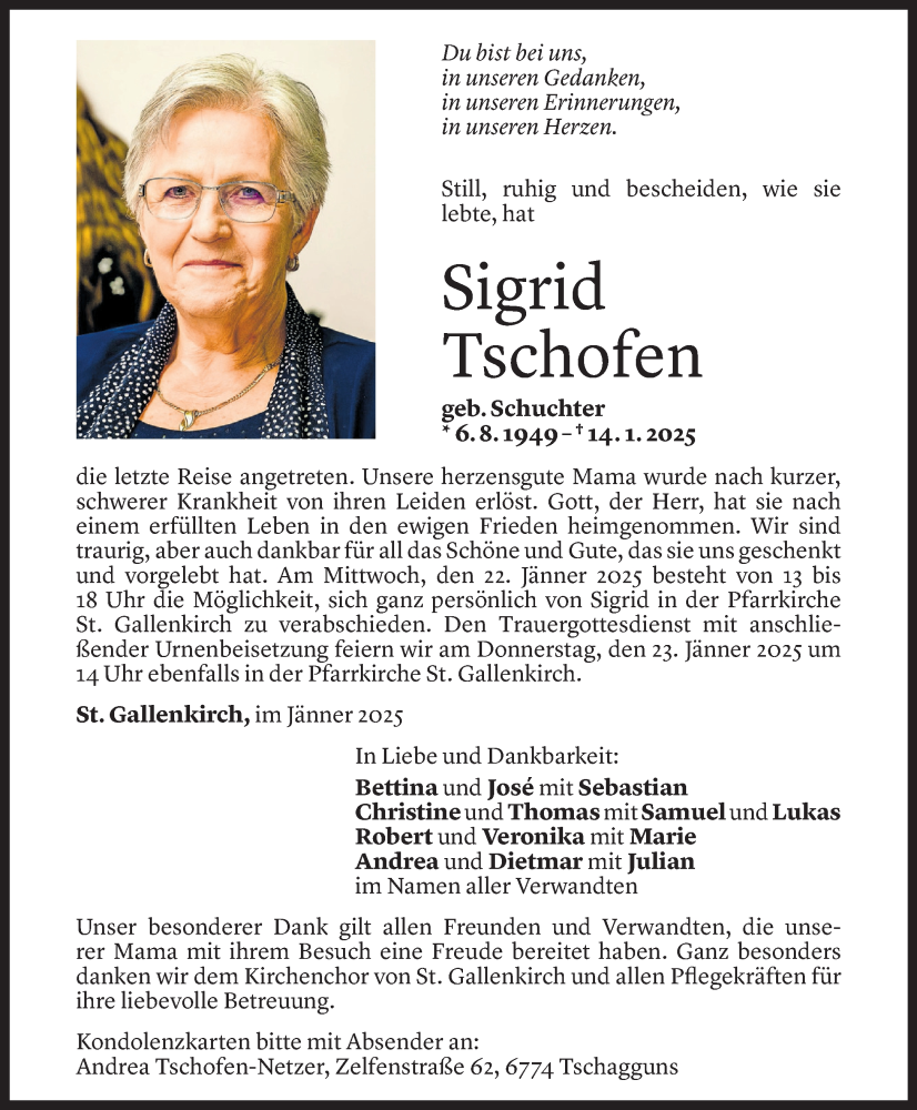  Todesanzeige für Sigrid Tschofen vom 17.01.2025 aus Vorarlberger Nachrichten