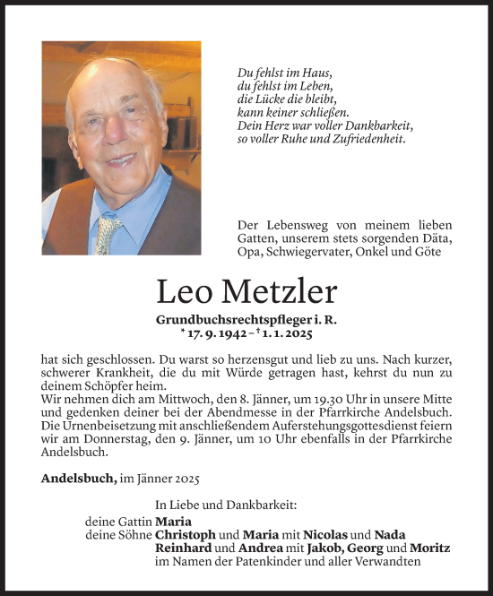 Todesanzeige von Leo Metzler von Vorarlberger Nachrichten