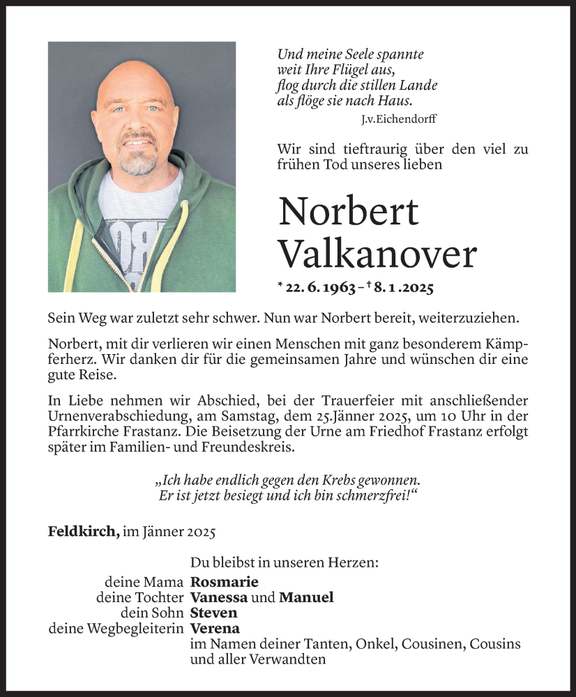  Todesanzeige für Norbert Valkanover vom 17.01.2025 aus Vorarlberger Nachrichten