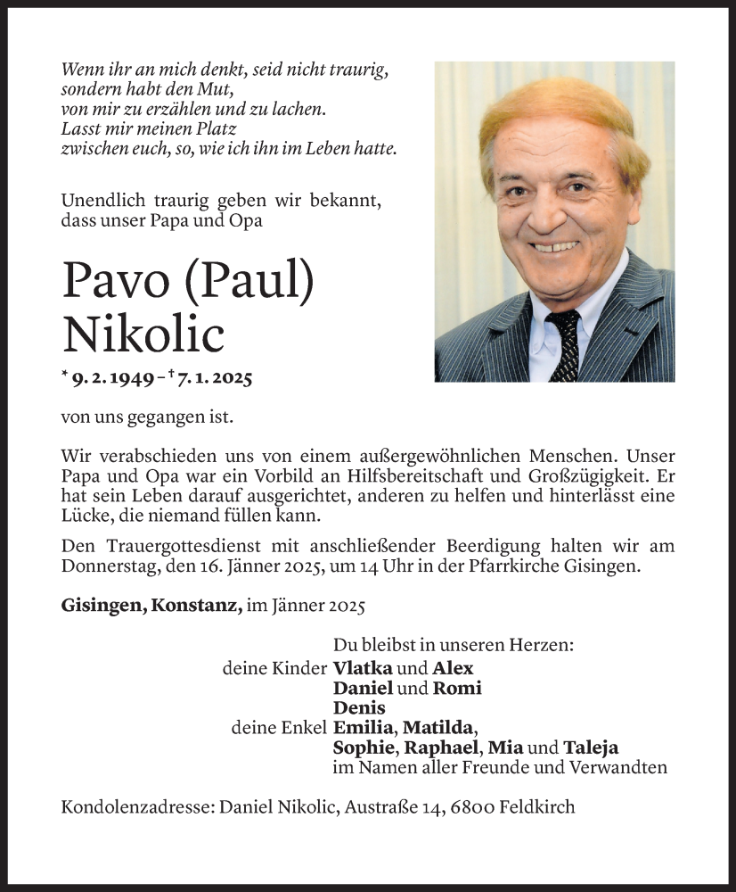  Todesanzeige für Pavo (Paul) Nikolic vom 10.01.2025 aus Vorarlberger Nachrichten